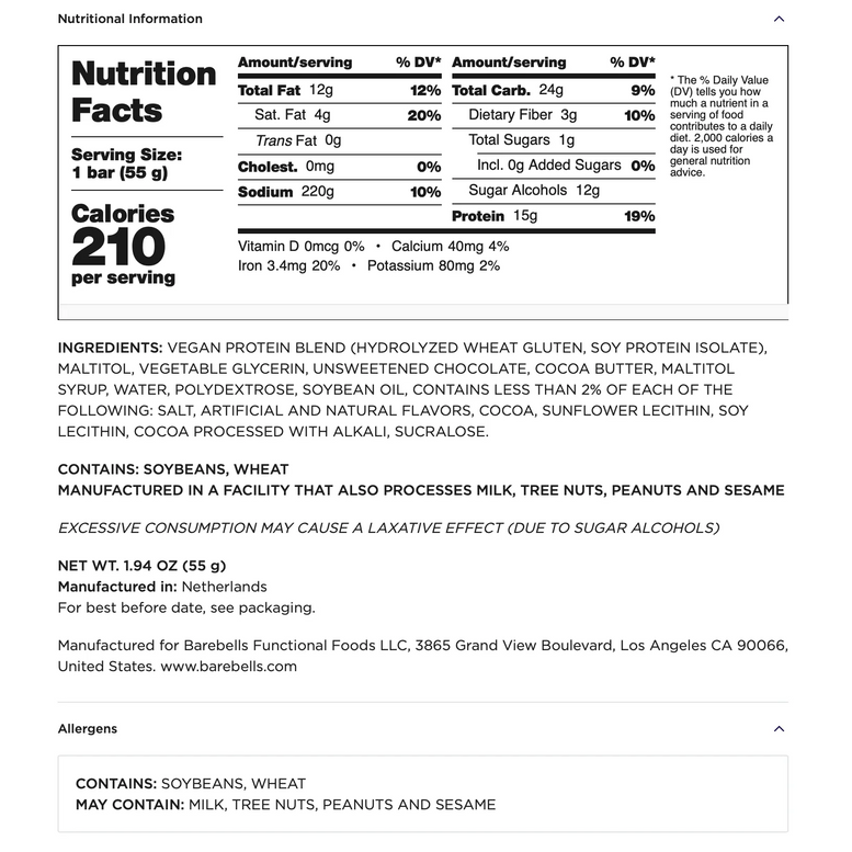 Barebells Vegan Bars-N101 Nutrition