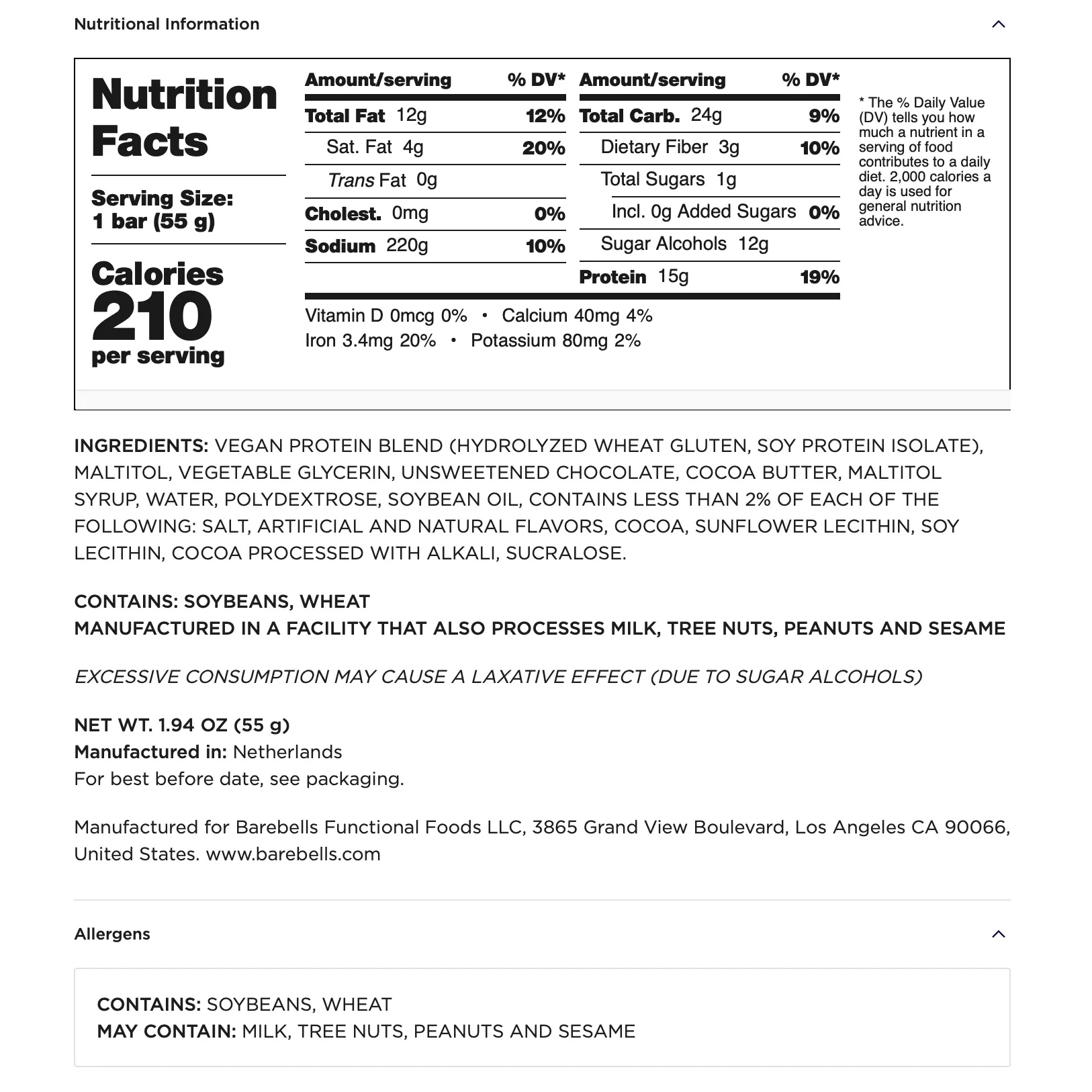 Barebells Vegan Bars-N101 Nutrition