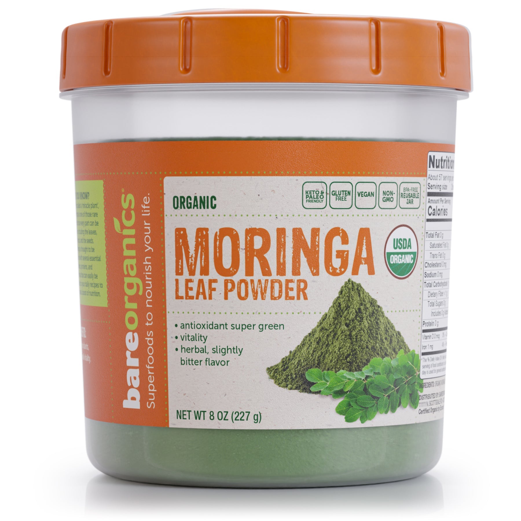 BareOrganics Moringa Leaf Powder-8 oz (227 g)-N101 Nutrition