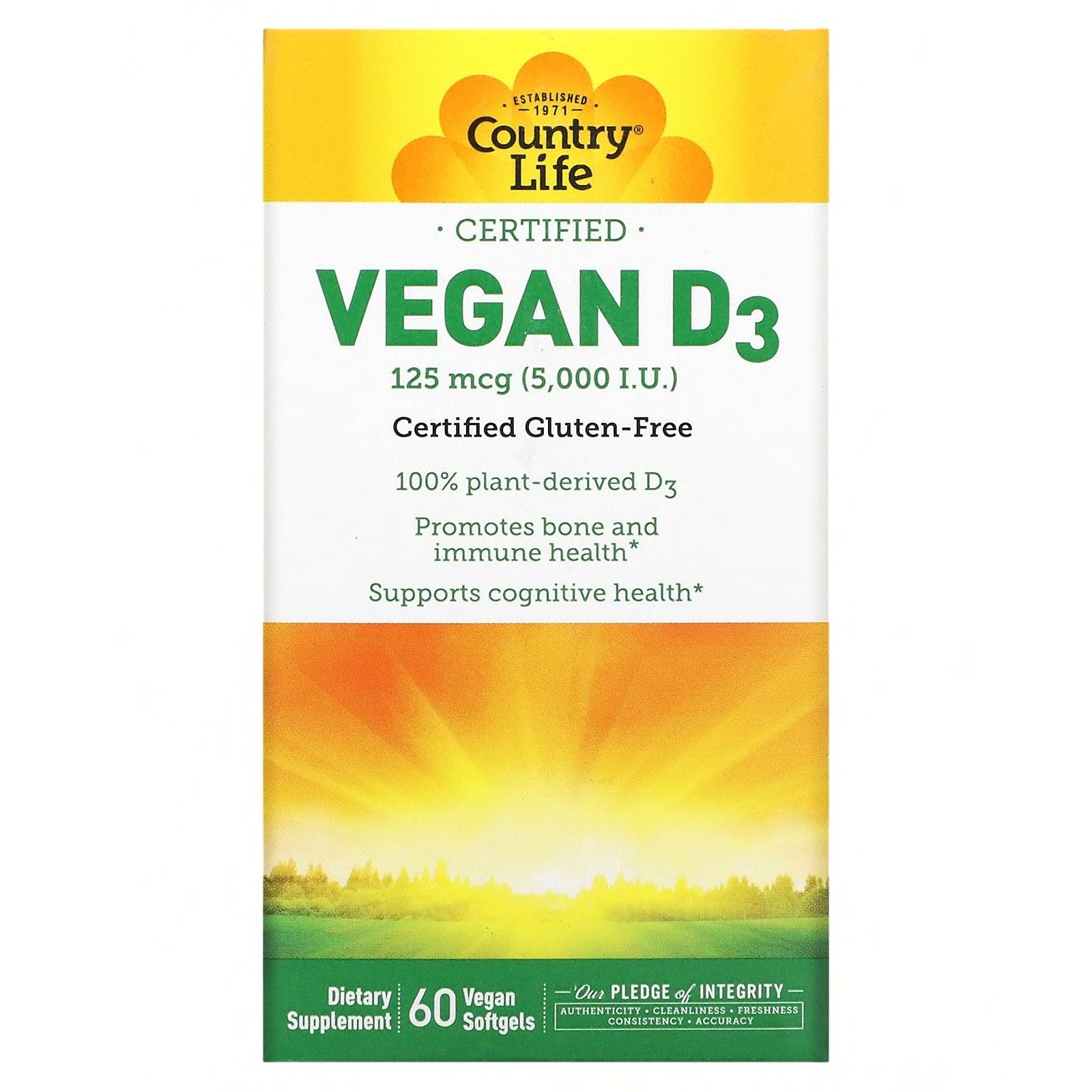 Country Life Vegan D3 125 mcg (5000 IU)-60 vegan softgels-N101 Nutrition