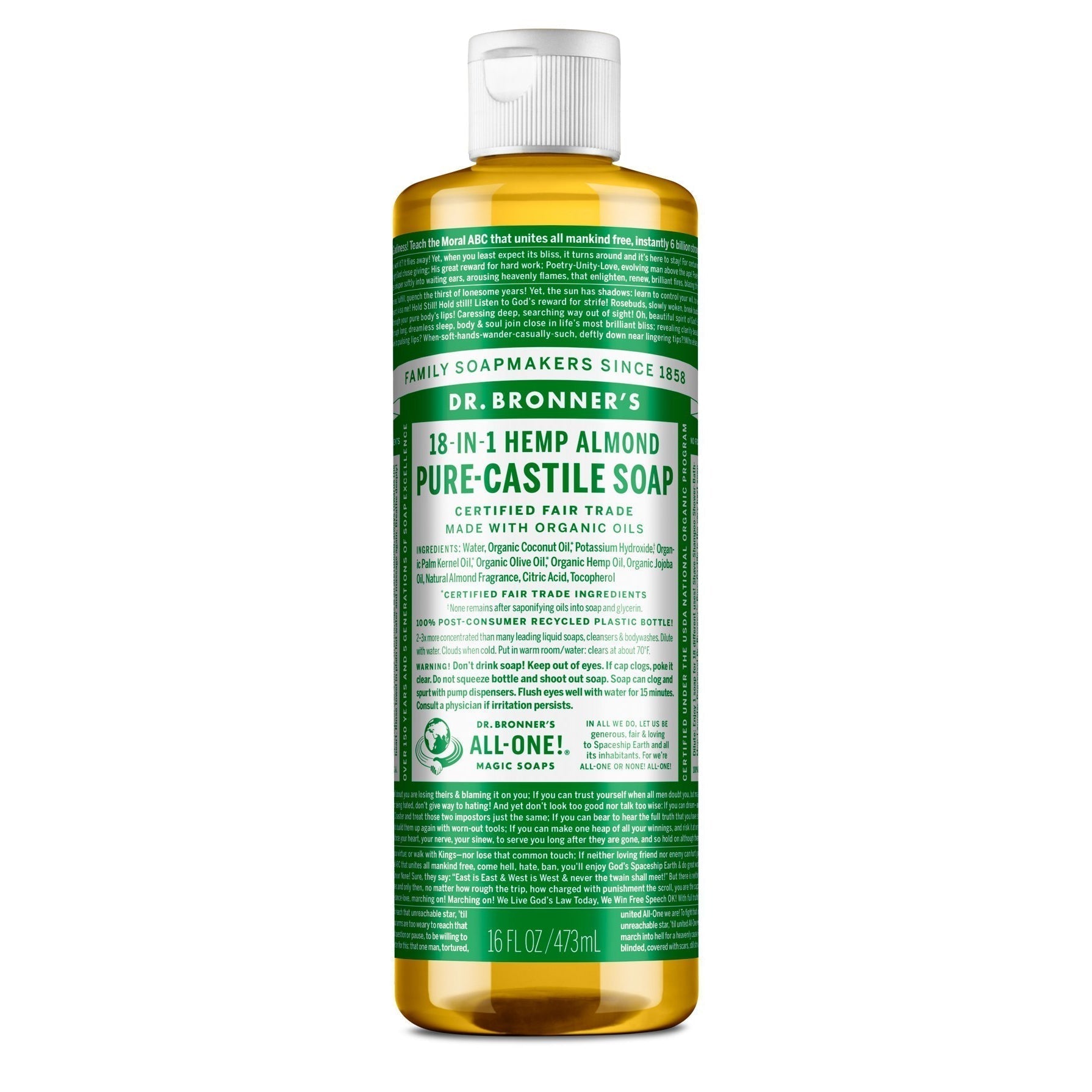 Dr. Bronner's Pure-Castile Liquid Soap-16 fl oz (473 mL)-Almond-N101 Nutrition