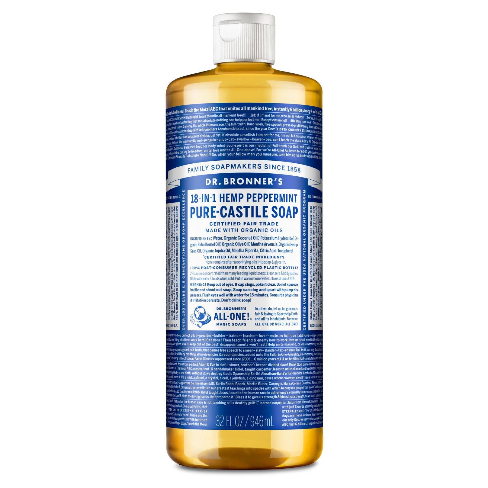 Dr. Bronner's Pure-Castile Liquid Soap-32 fl oz (946 mL)-Peppermint-N101 Nutrition