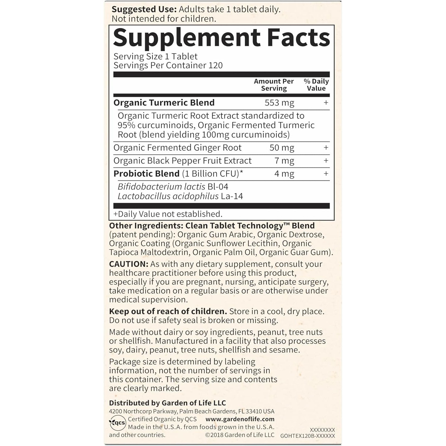 Garden of Life Organics Extra Strength Turmeric-N101 Nutrition