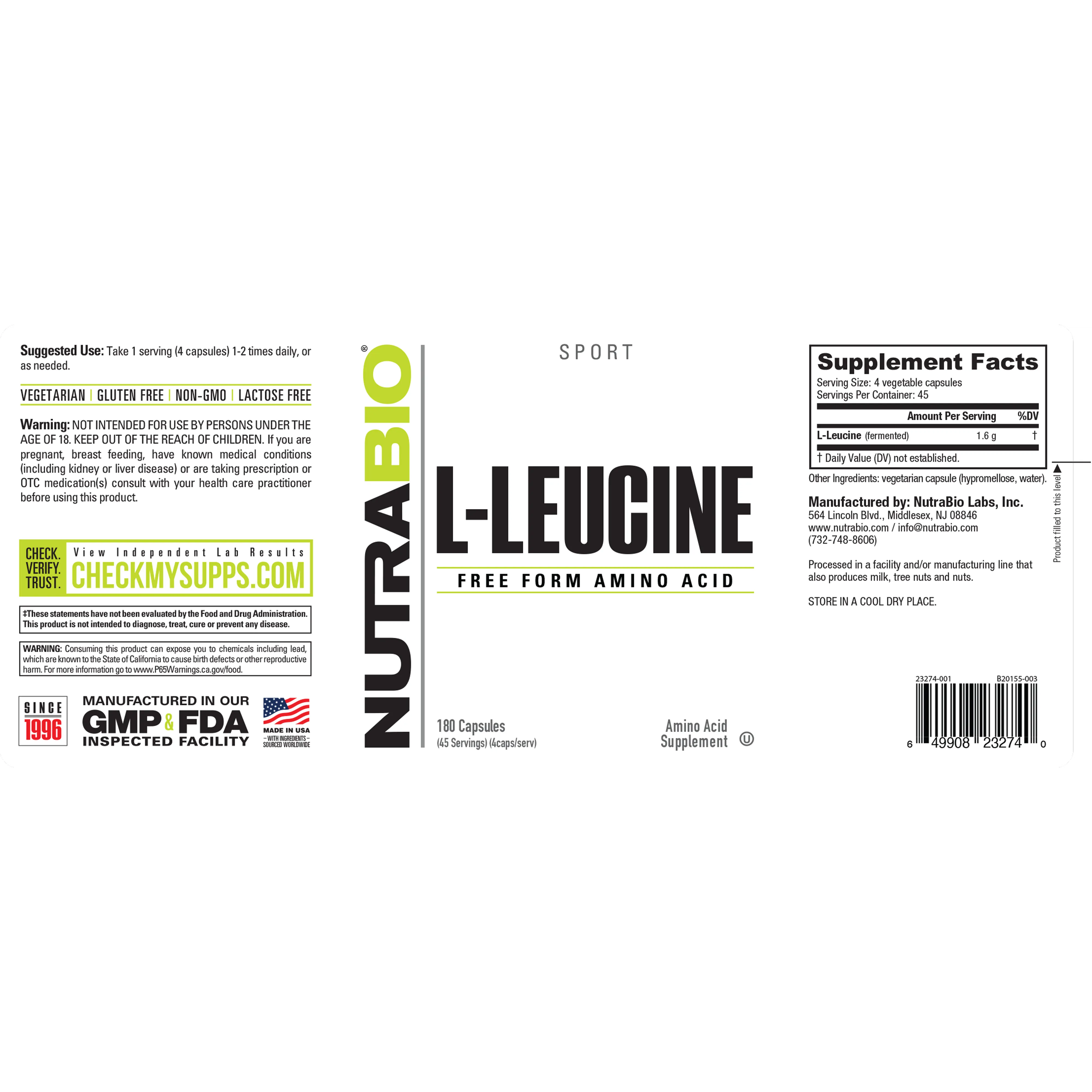 NutraBio L-Leucine Capsules-N101 Nutrition