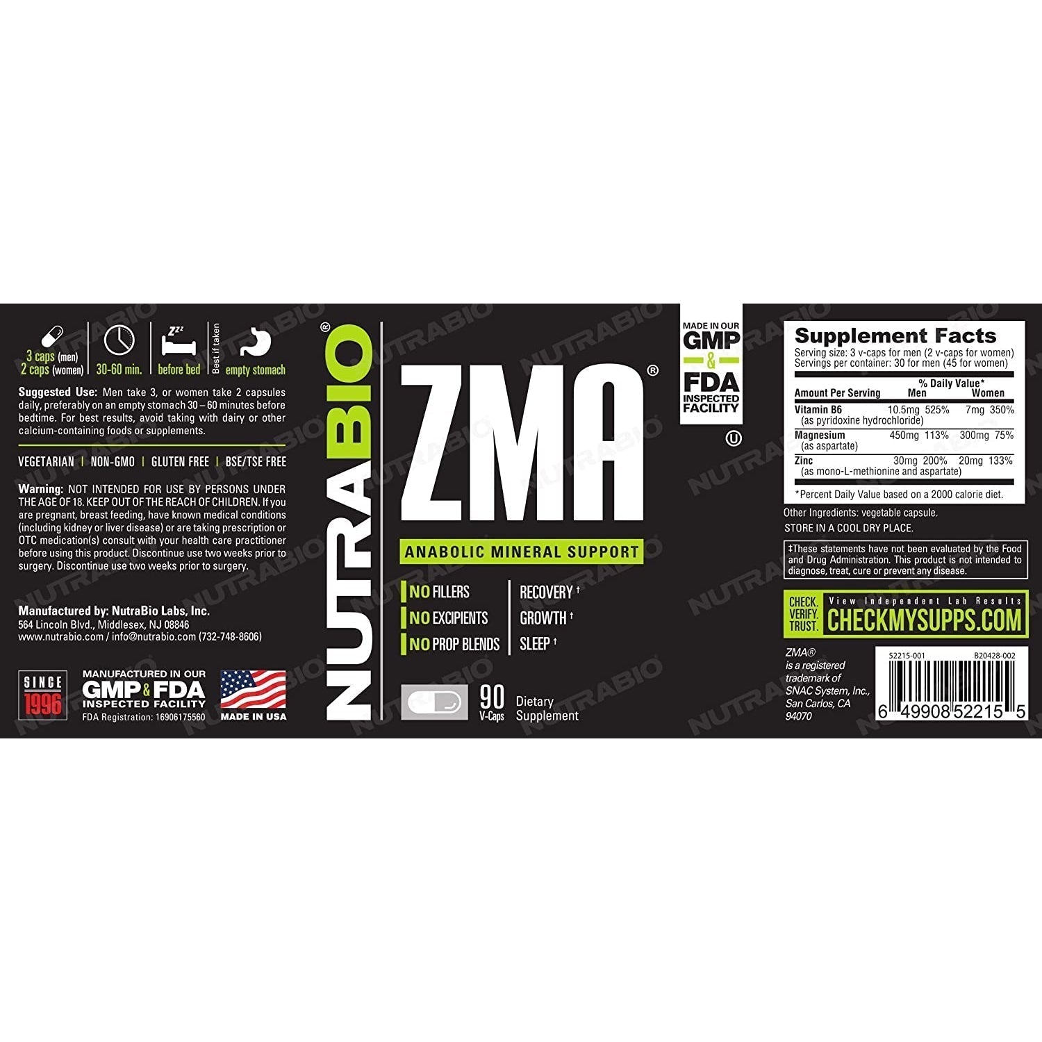 NutraBio ZMA-N101 Nutrition