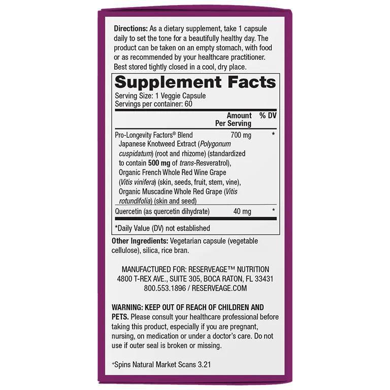 Reserveage Beauty Resveratrol 500 mg 4-Hour Sustained Release-N101 Nutrition
