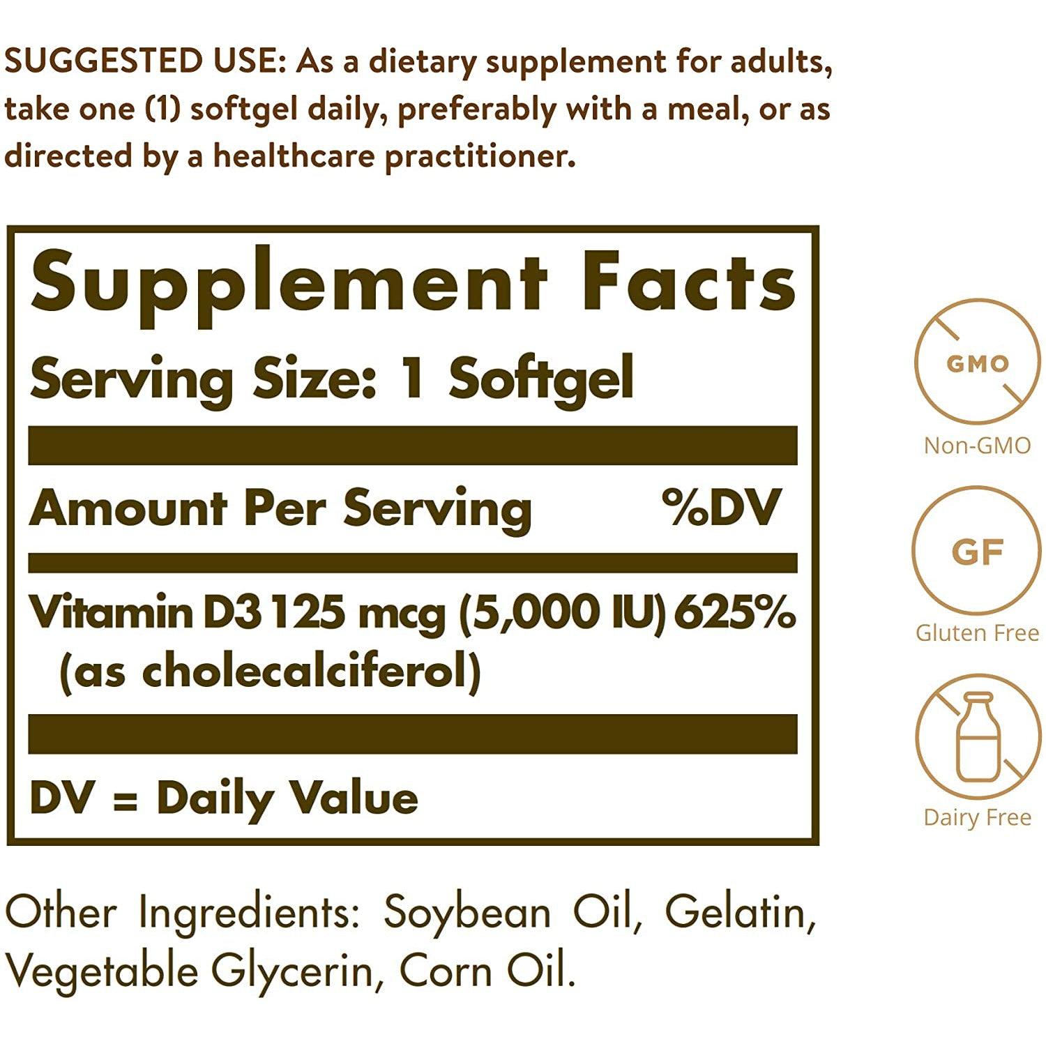 Solgar Vitamin D3 Softgels - 125 mcg (5000 IU)-N101 Nutrition