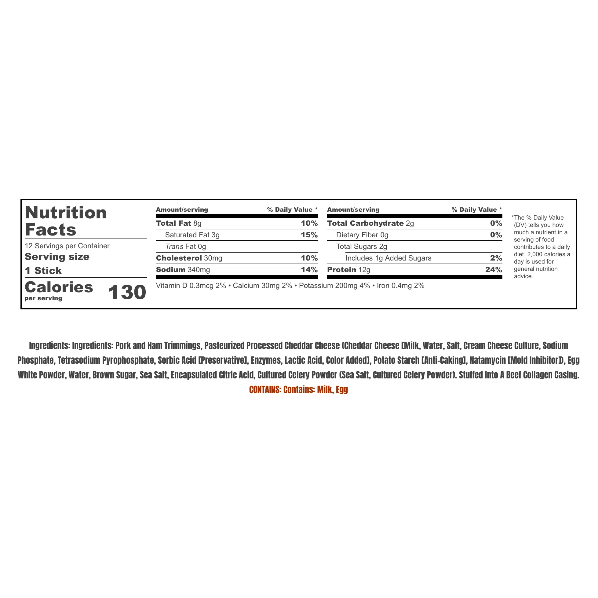 Wicked Cutz Sausage Egg & Cheese Pork Snack Stick-N101 Nutrition