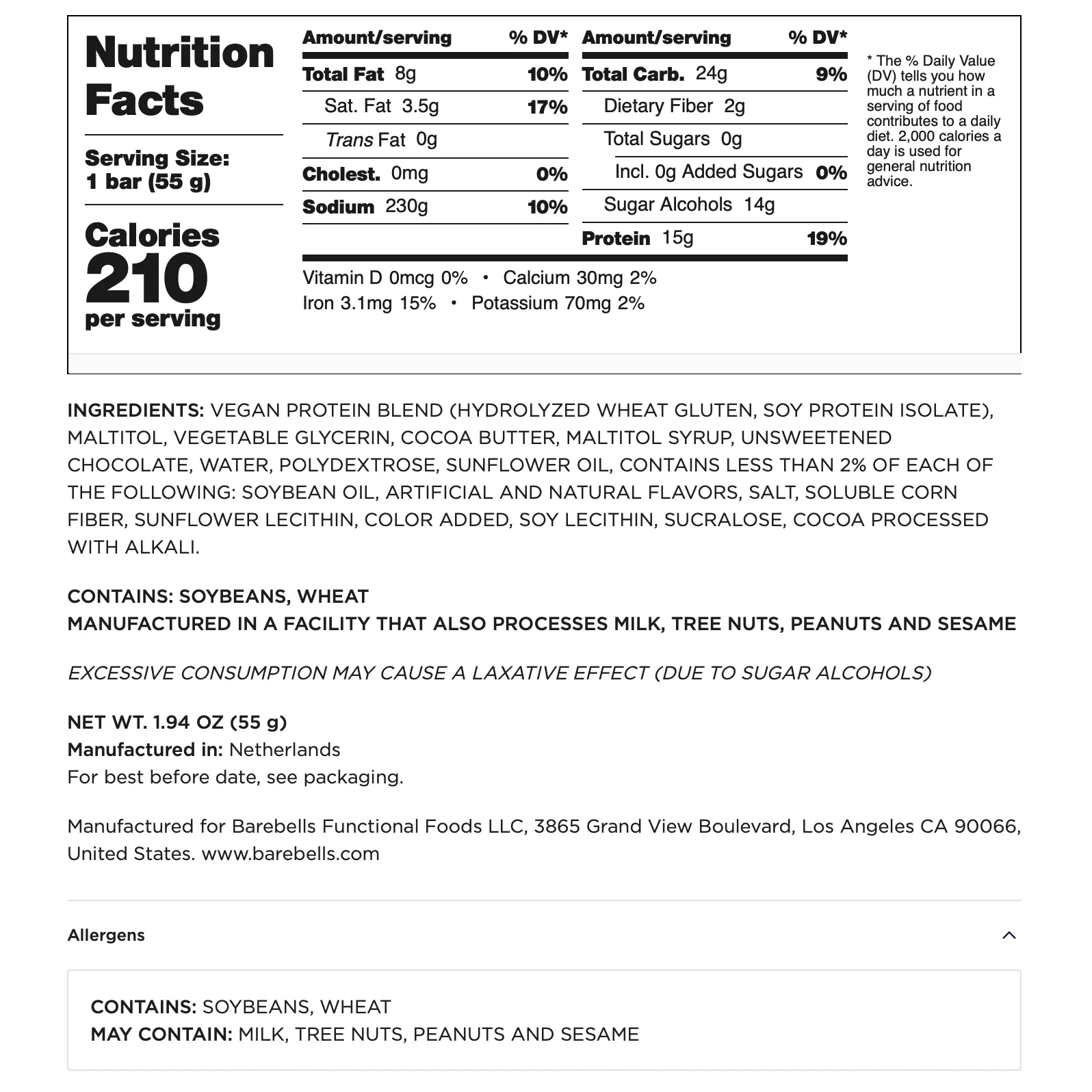 Barebells Vegan Bars-N101 Nutrition