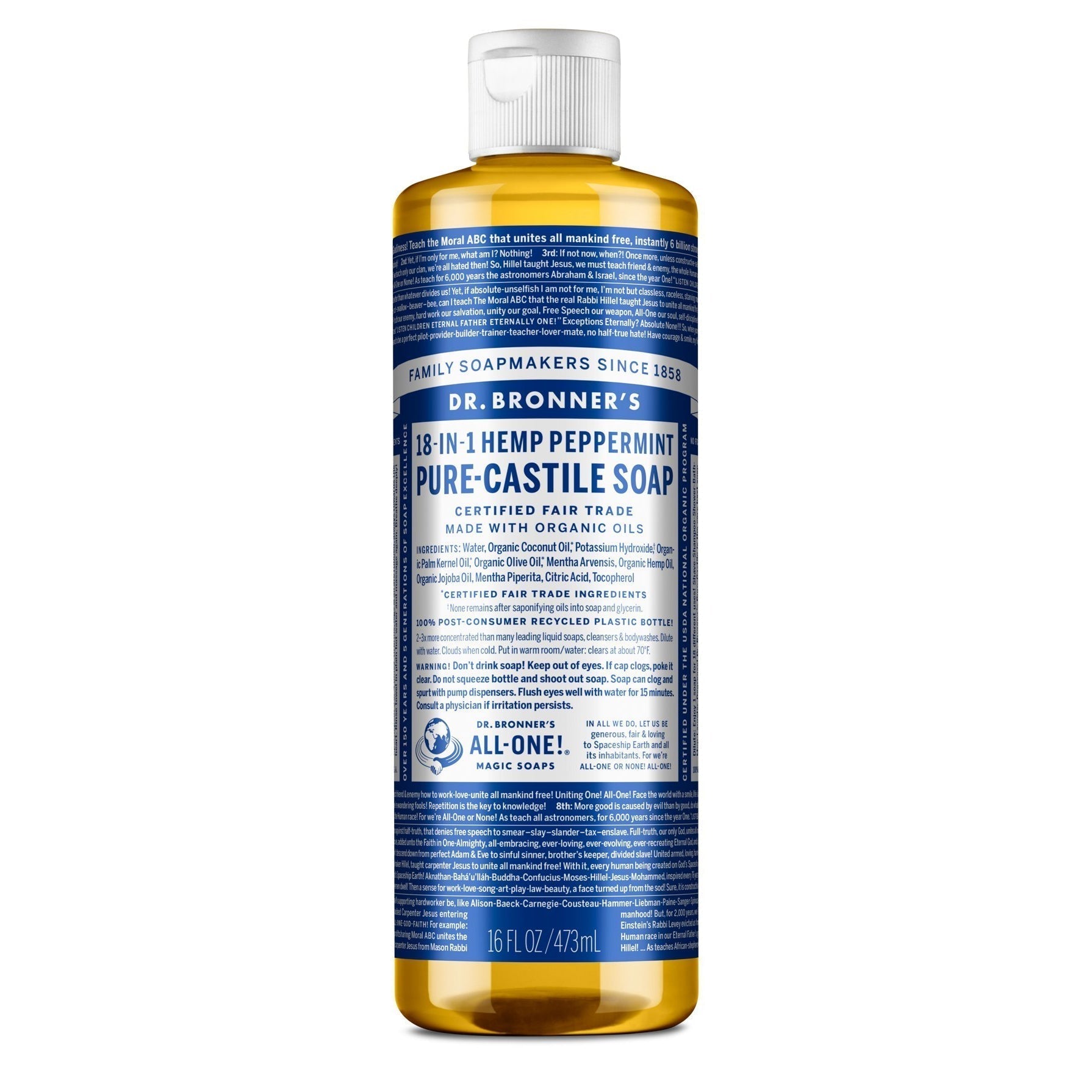 Dr. Bronner's Pure-Castile Liquid Soap-16 fl oz (473 mL)-Peppermint-N101 Nutrition
