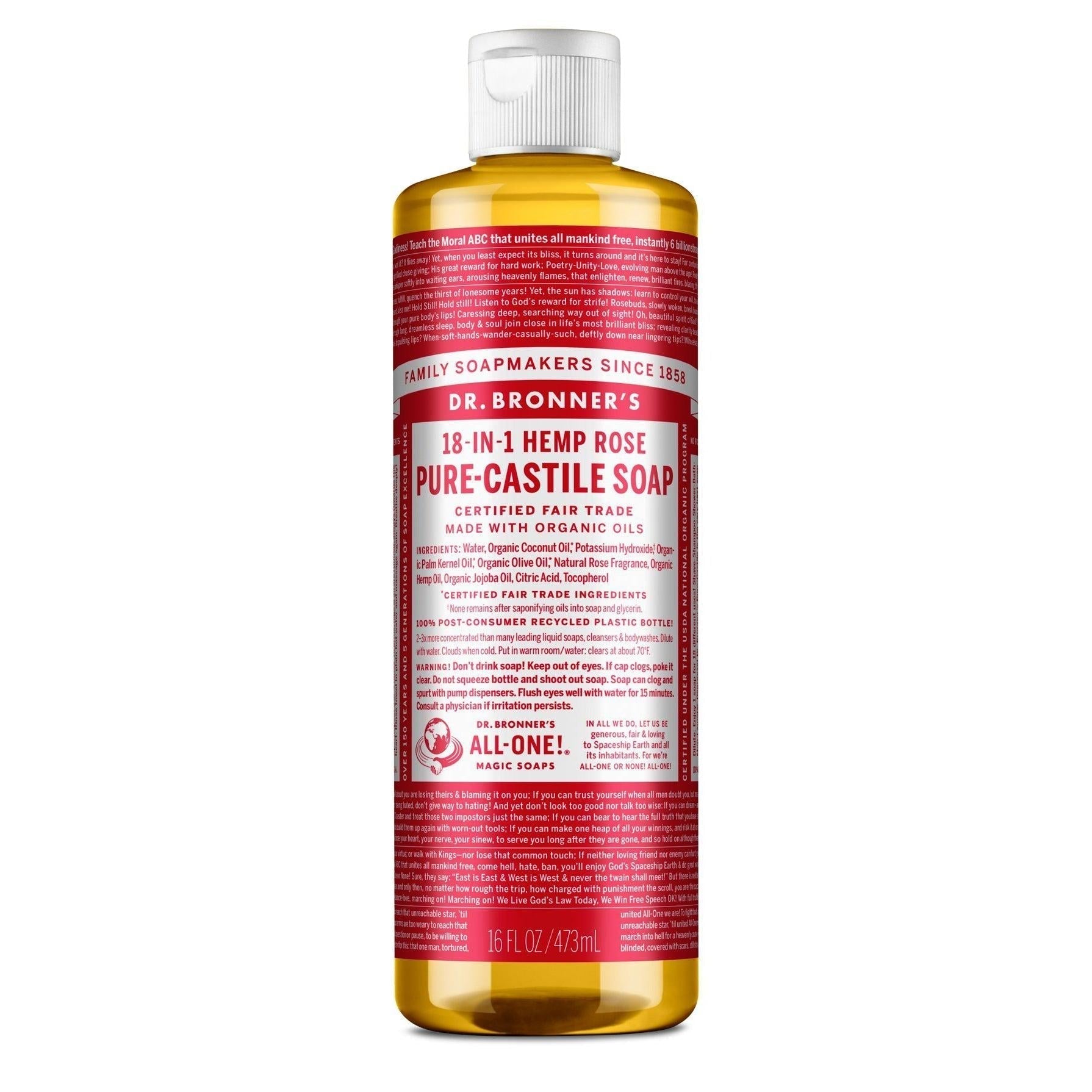 Dr. Bronner's Pure-Castile Liquid Soap-16 fl oz (473 mL)-Rose-N101 Nutrition