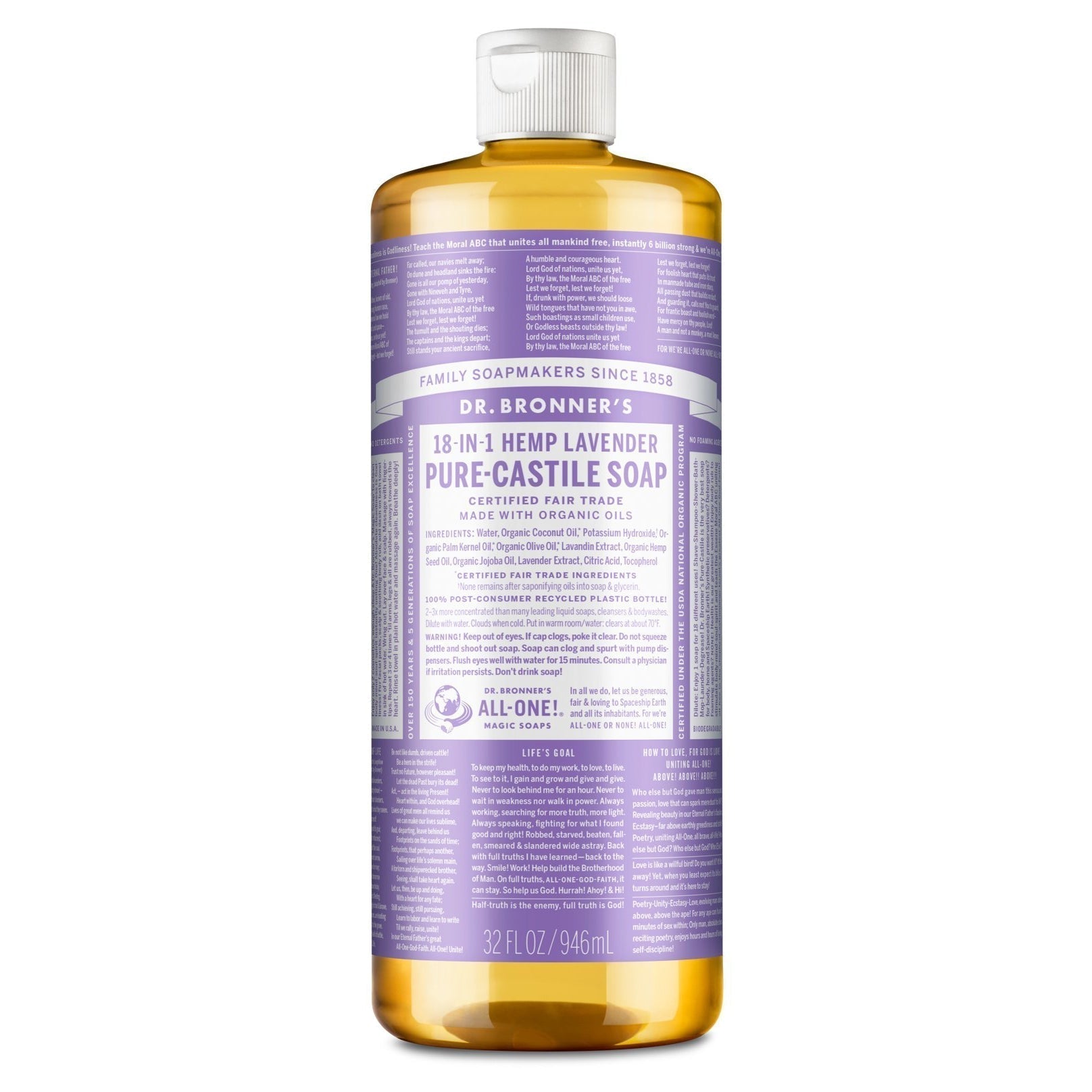 Dr. Bronner's Pure-Castile Liquid Soap-32 fl oz (946 mL)-Lavender-N101 Nutrition