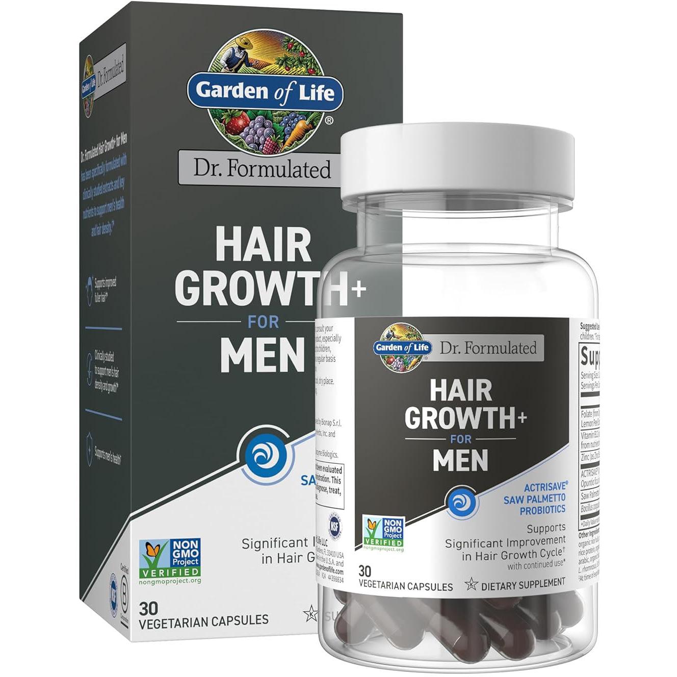Garden of Life Dr. Formulated Hair Growth+ For Men (Best Used By 01/2027 - FINAL SALE / NO RETURNS)-30 vegetarian capsules-N101 Nutrition