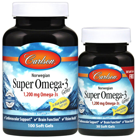 Carlson Super Omega-3 Gems (in Fish Gelatin Softgels)-100 + 30 FREE softgels-N101 Nutrition