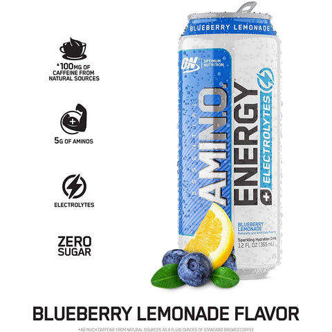 Optimum Nutrition Essential AMIN.O. Energy + Electrolytes Sparkling Hydration Drink-Single (12 fl oz)-Blueberry Lemonade-N101 Nutrition